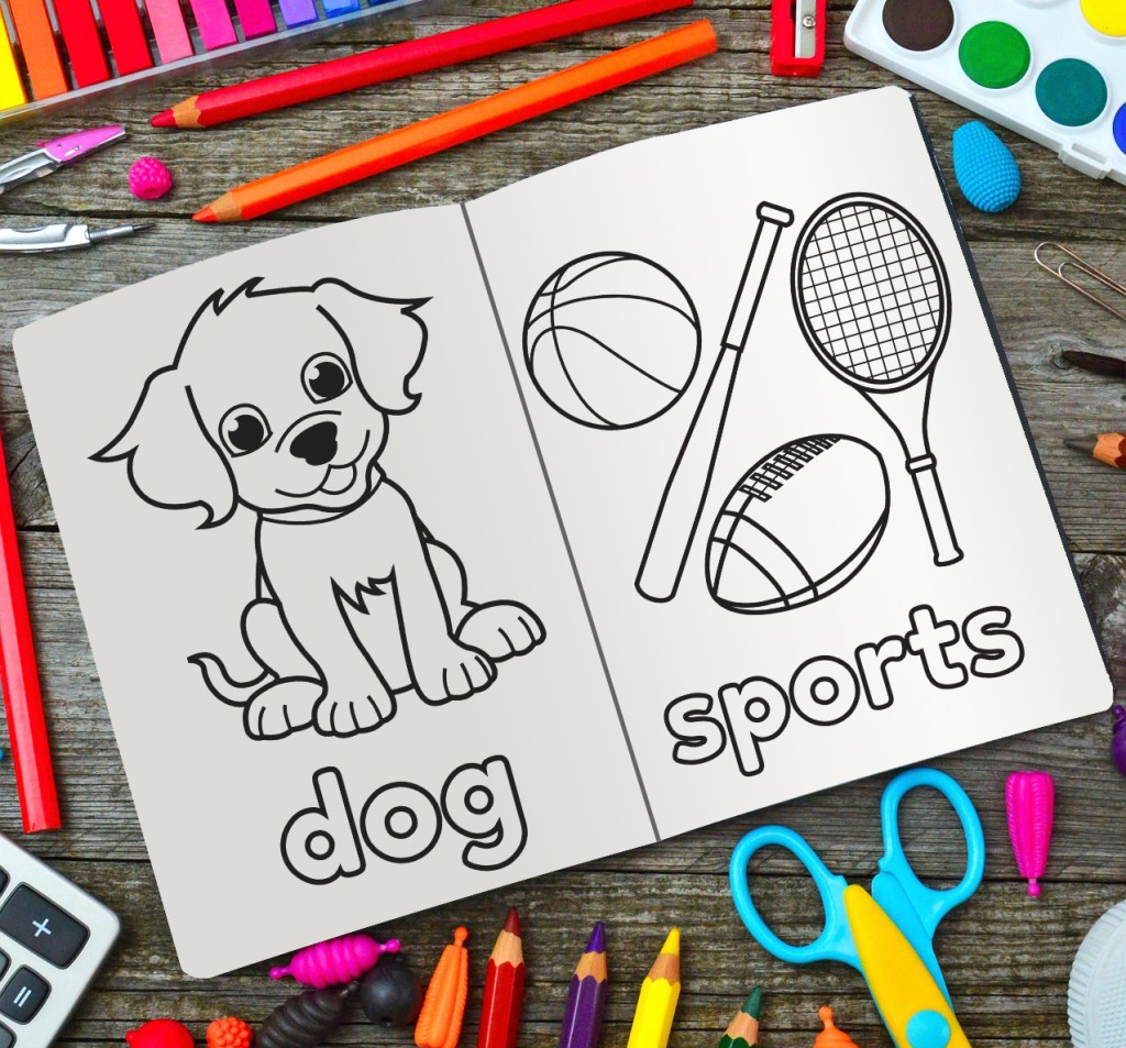 The coloring pages include animals, sports, everyday items, and more.