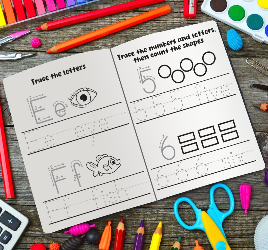 The activity pages include traceable letters, numbers, words, and counting.
