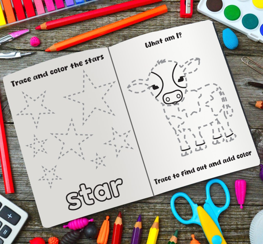 The activity pages include traceable shapes, animals, and more.